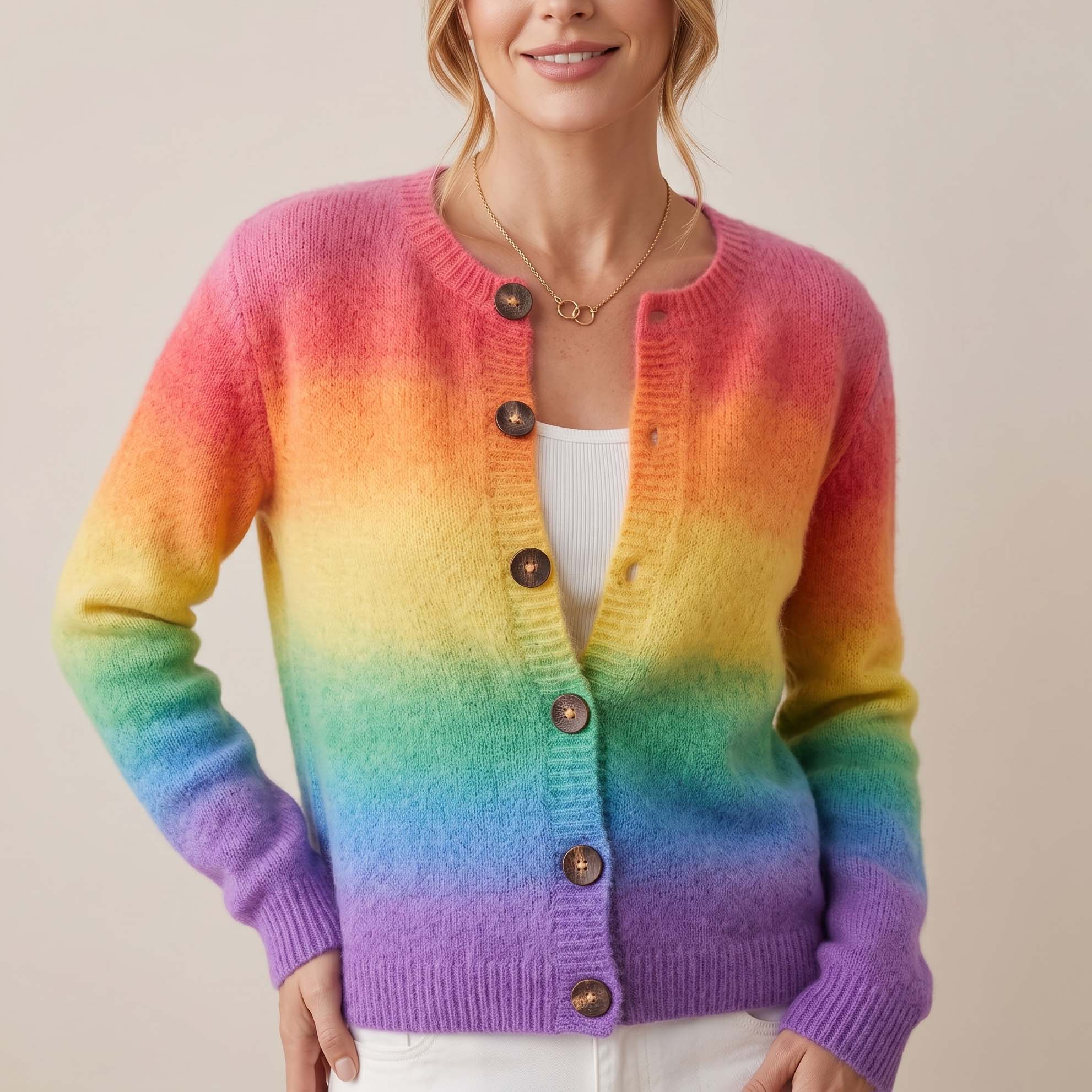 Women's Fall Winter Rainbow Gradient Boho Knit Button Cardigan