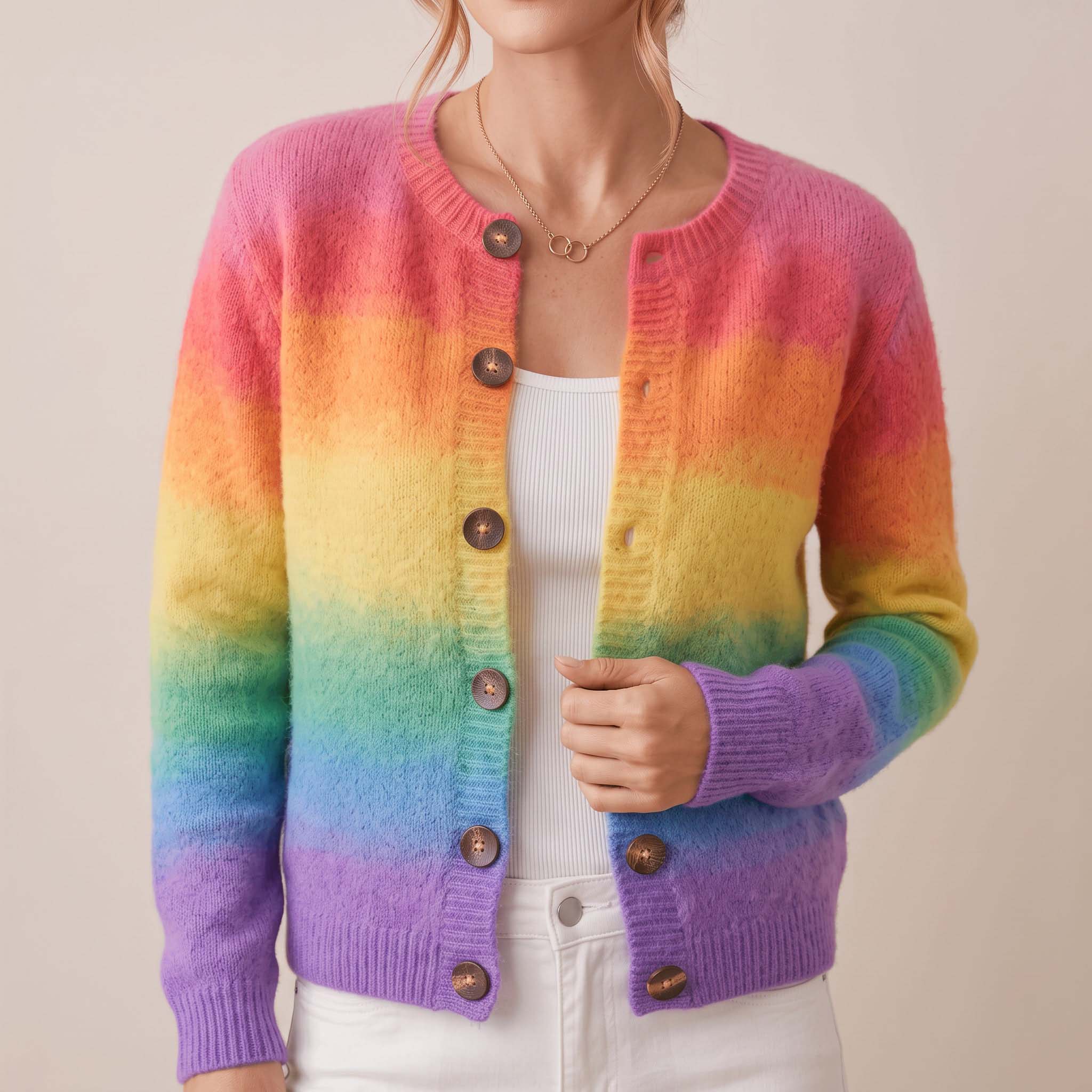 Women's Fall Winter Rainbow Gradient Boho Knit Button Cardigan
