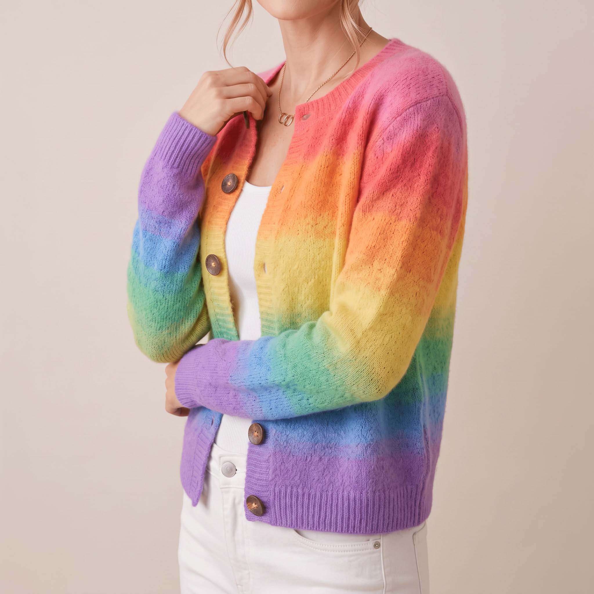 Women's Fall Winter Rainbow Gradient Boho Knit Button Cardigan