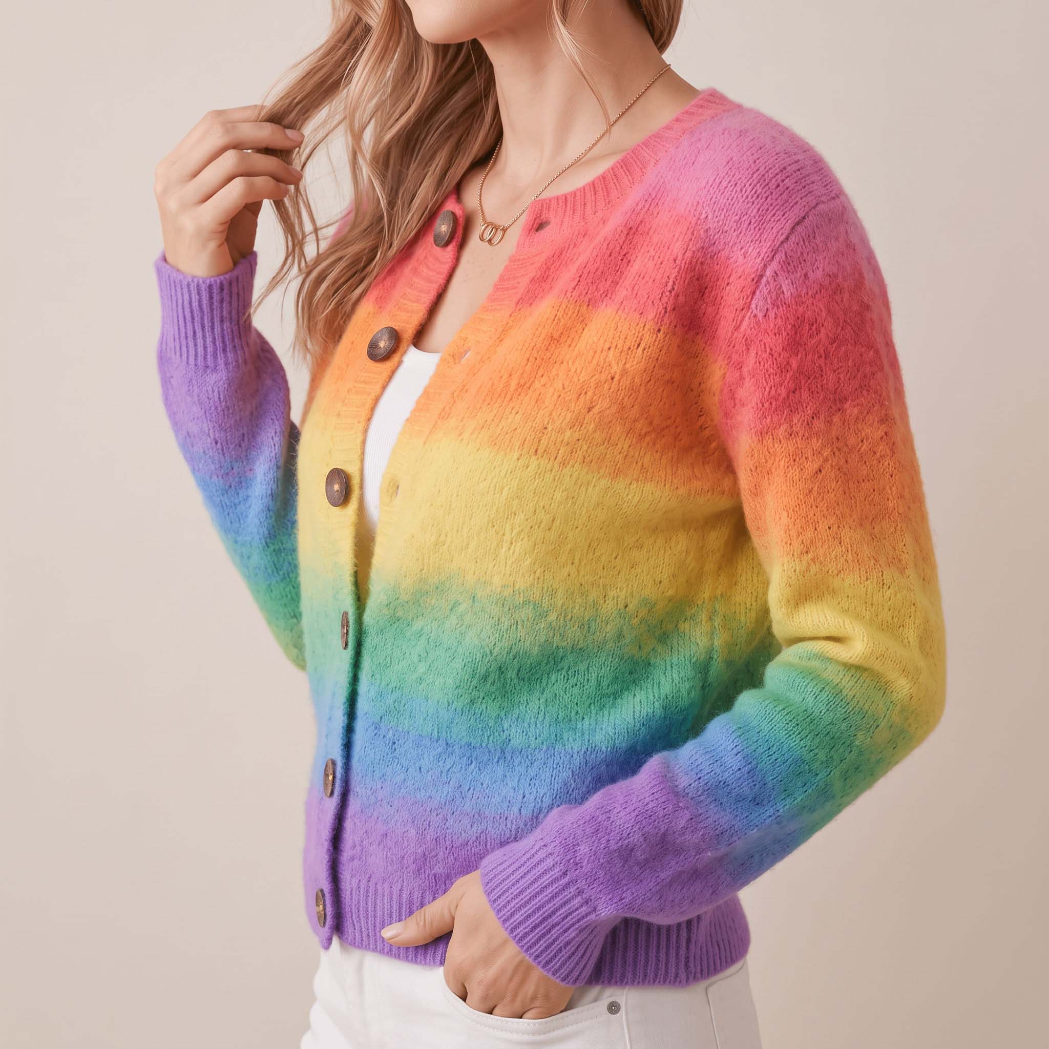 Women's Fall Winter Rainbow Gradient Boho Knit Button Cardigan