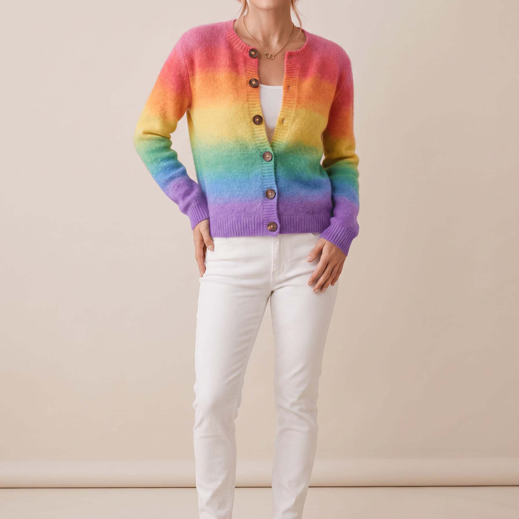 Women's Fall Winter Rainbow Gradient Boho Knit Button Cardigan