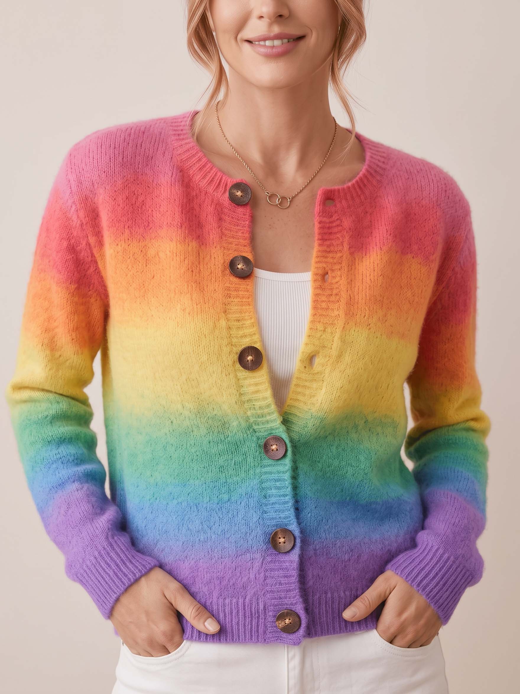 Women's Fall Winter Rainbow Gradient Boho Knit Button Cardigan