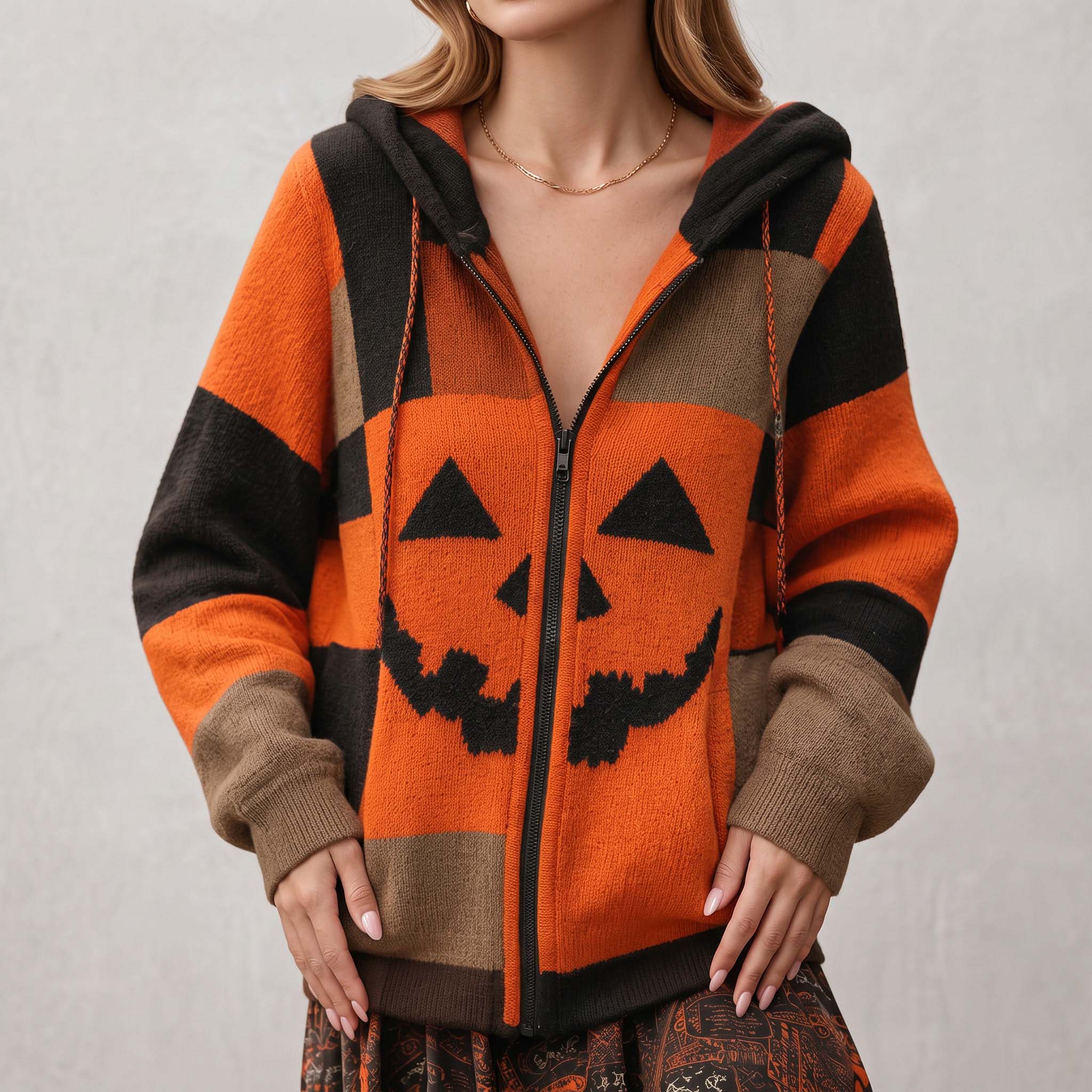 Patchwork Halloween Pumpkin Face Art  Cozy Knit Hooded Cardigan