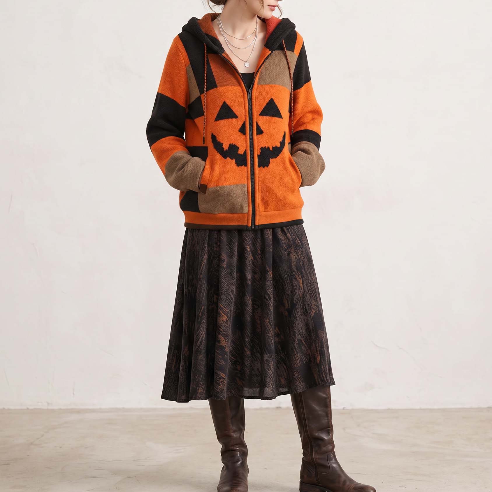Patchwork Halloween Pumpkin Face Art  Cozy Knit Hooded Cardigan