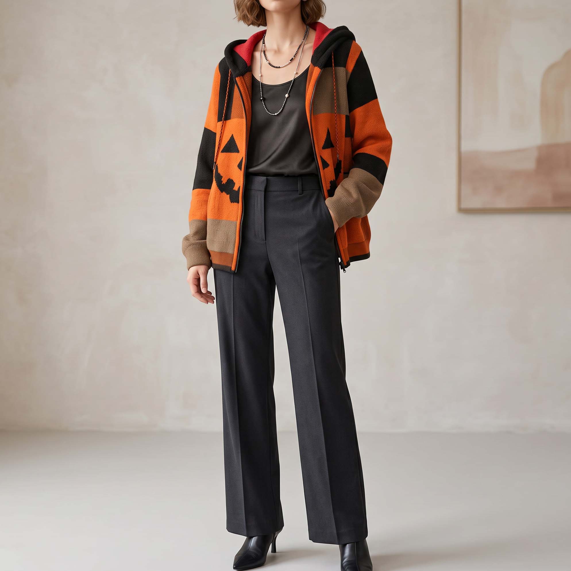 Patchwork Halloween Pumpkin Face Art  Cozy Knit Hooded Cardigan
