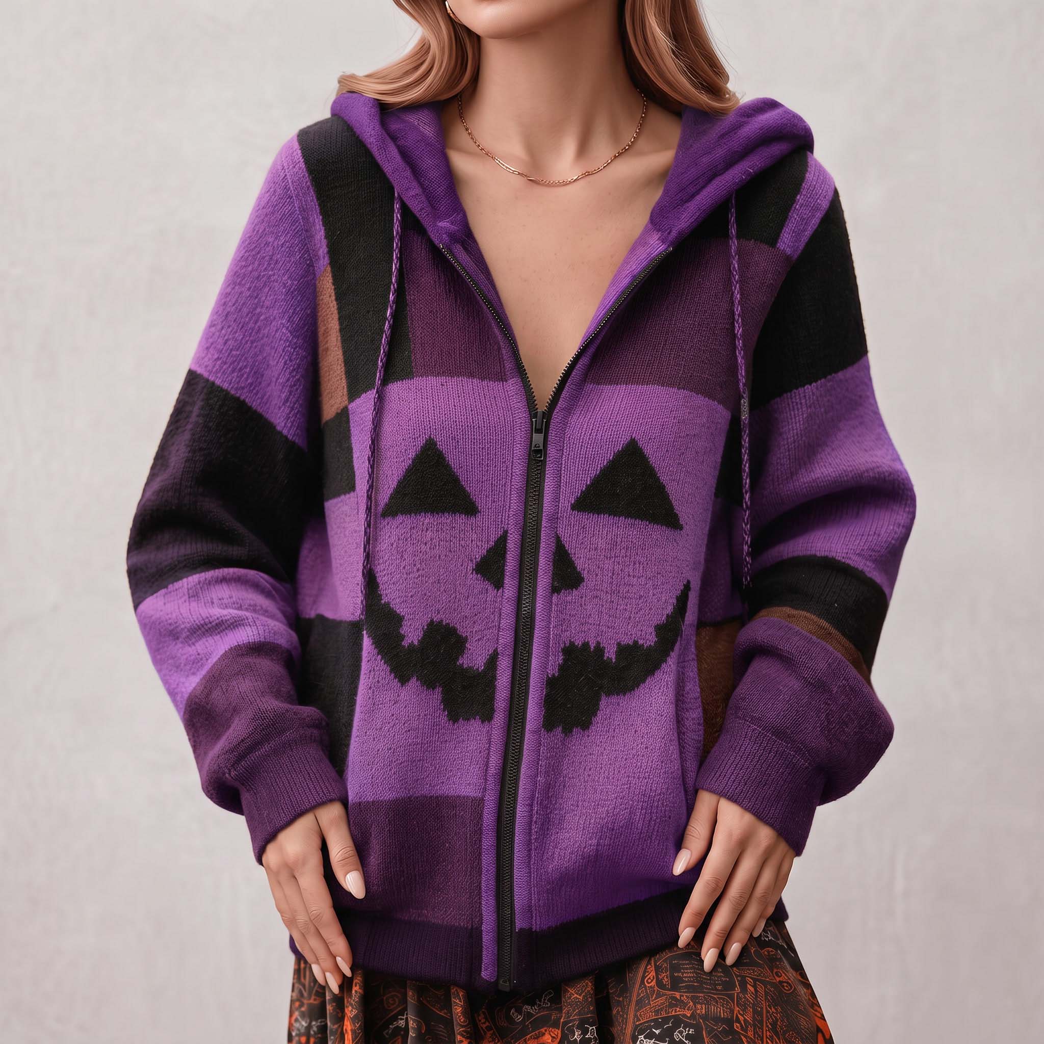 Patchwork Halloween Pumpkin Face Art  Cozy Knit Hooded Cardigan