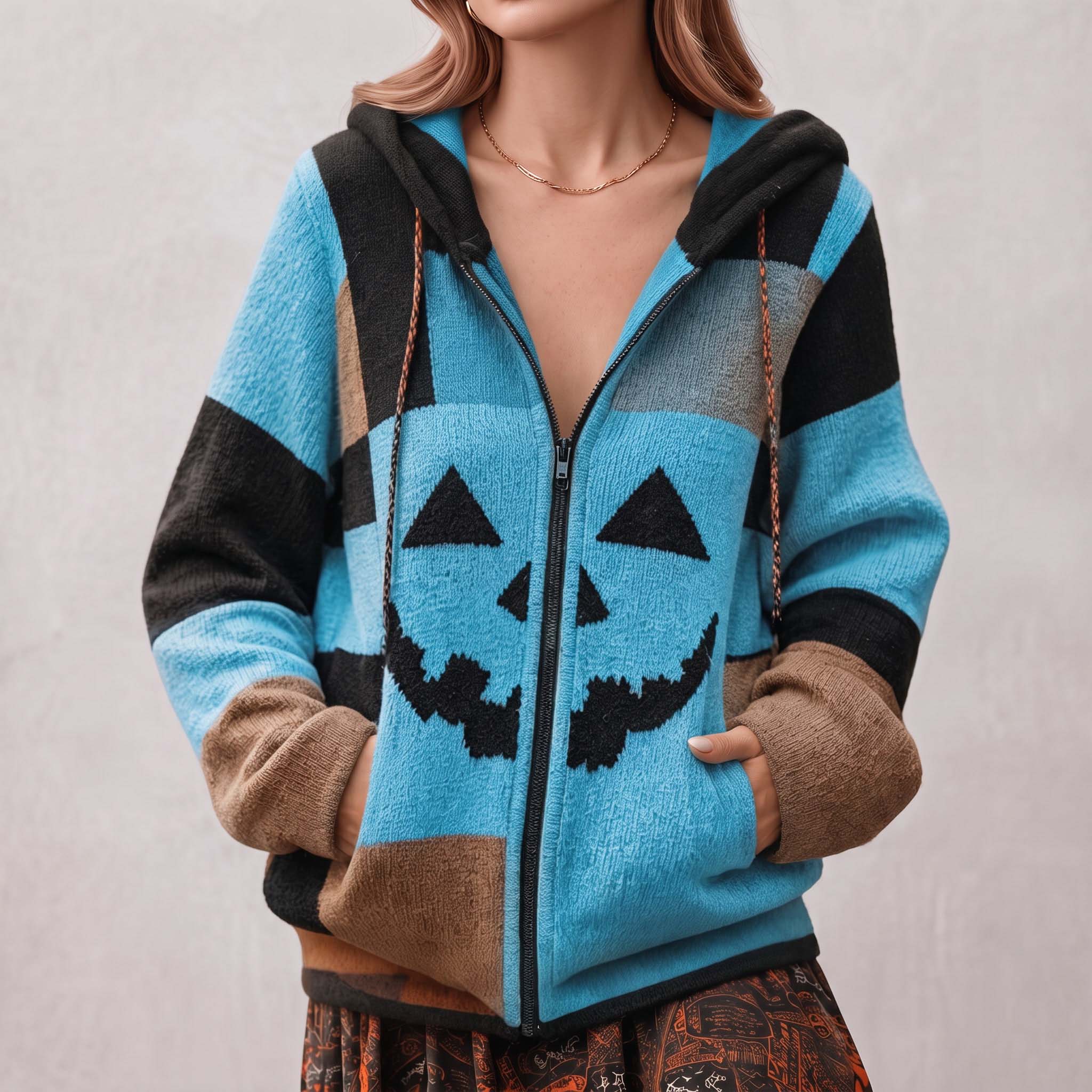 Patchwork Halloween Pumpkin Face Art  Cozy Knit Hooded Cardigan