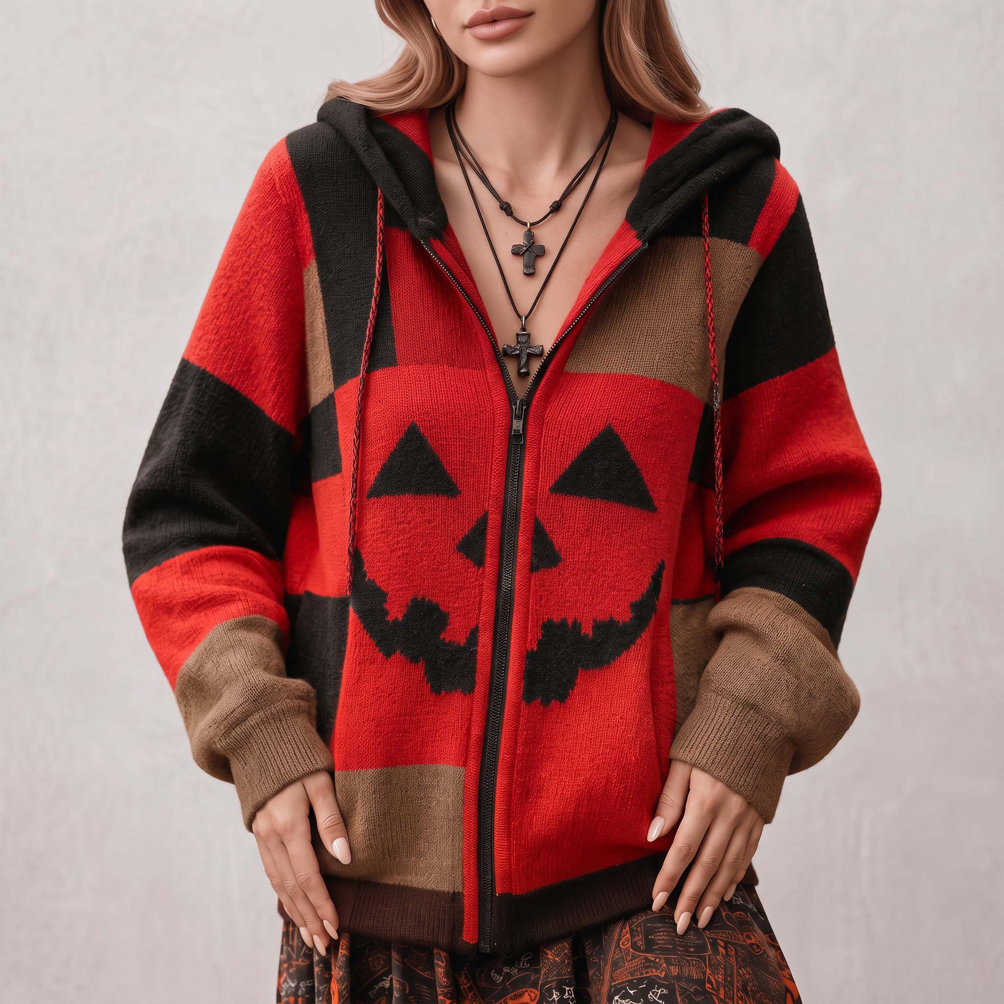 Patchwork Halloween Pumpkin Face Art  Cozy Knit Hooded Cardigan