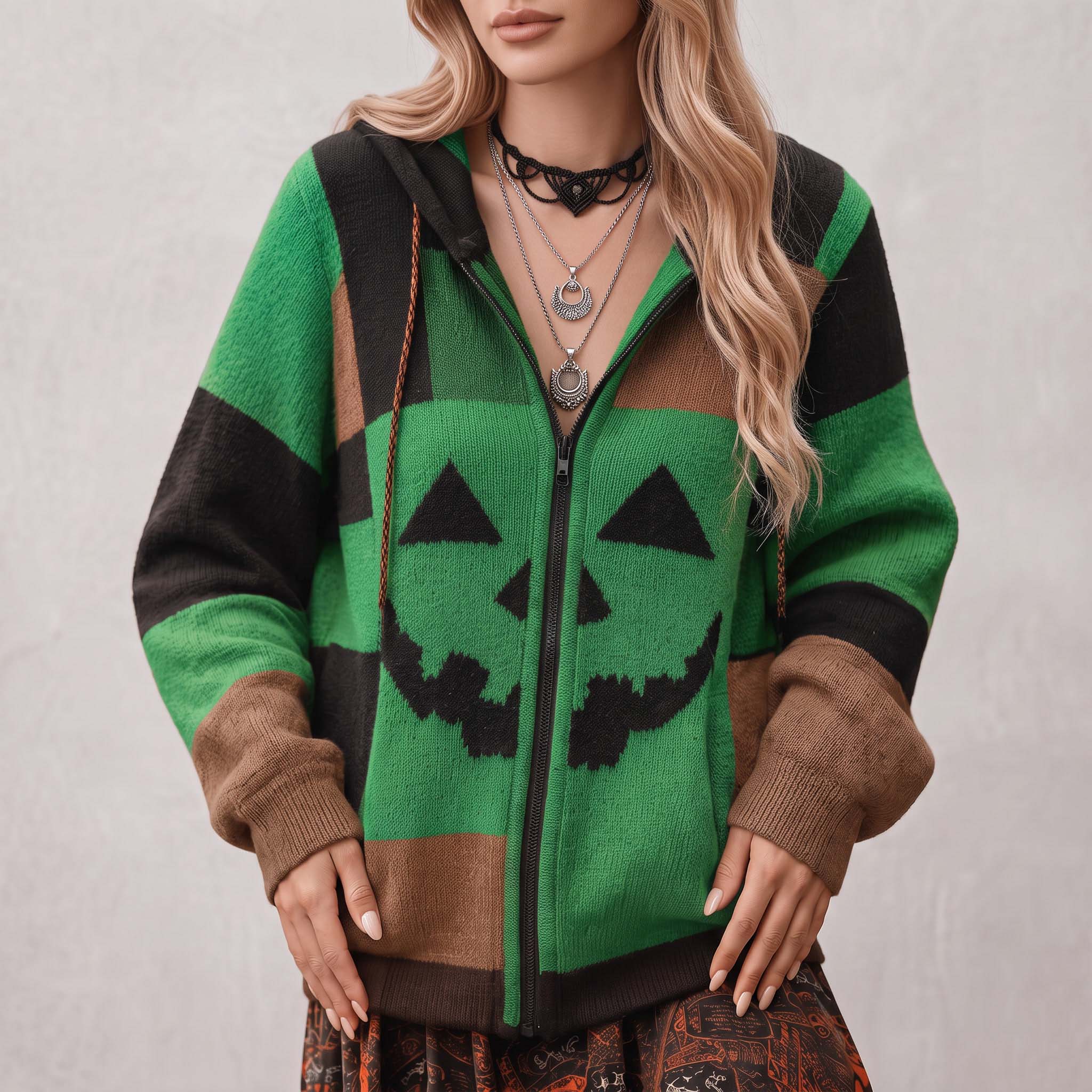 Patchwork Halloween Pumpkin Face Art  Cozy Knit Hooded Cardigan