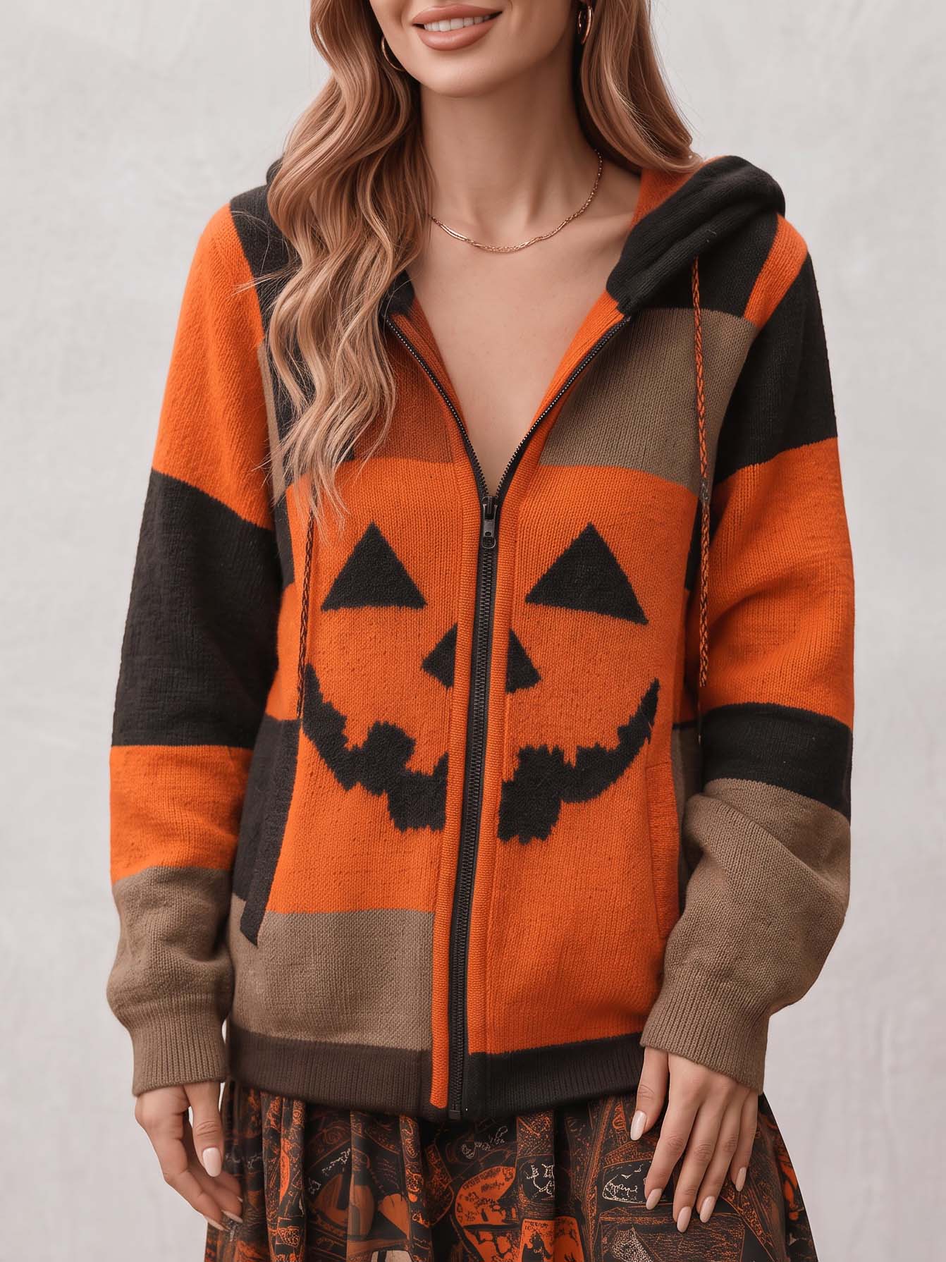 Patchwork Halloween Pumpkin Face Art  Cozy Knit Hooded Cardigan