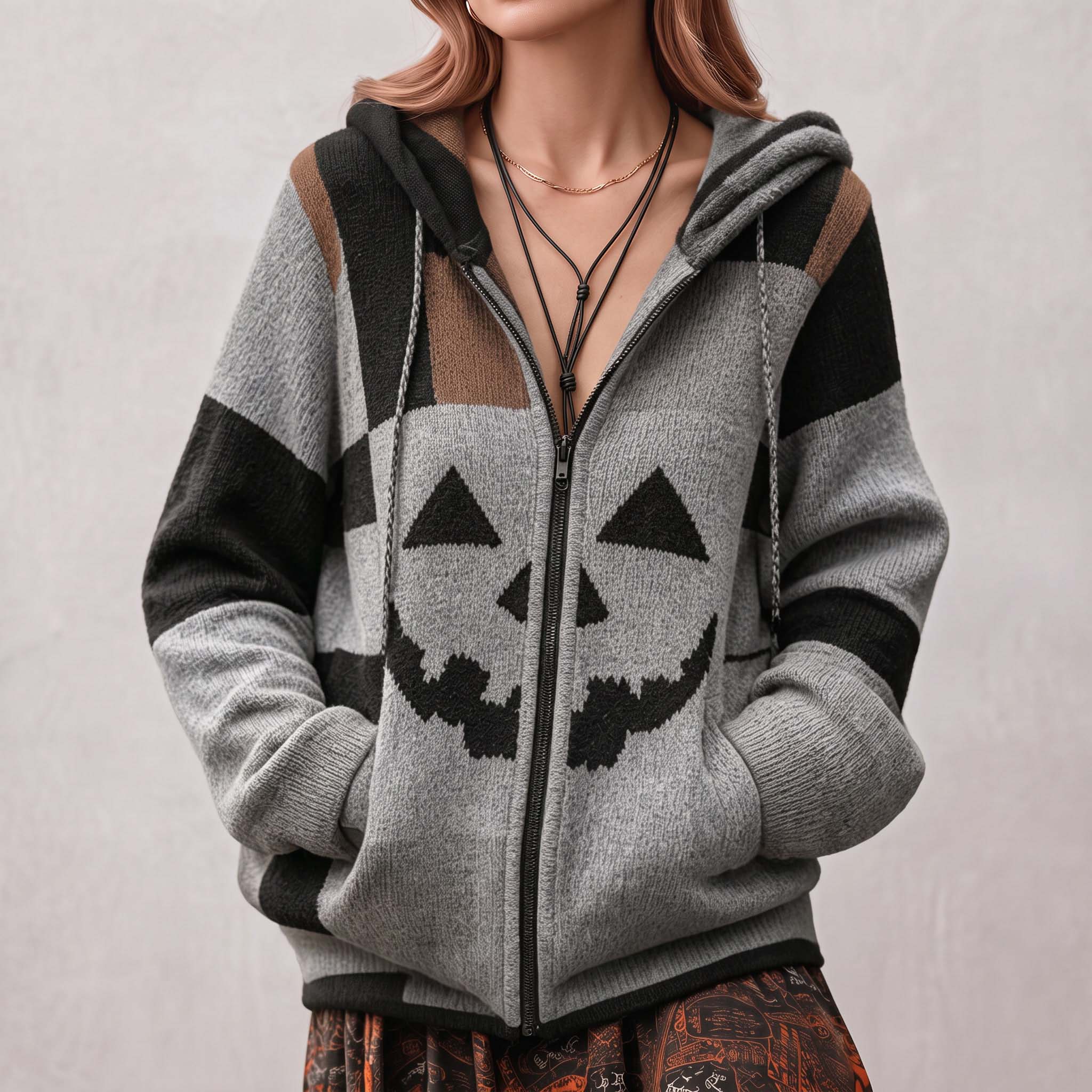 Patchwork Halloween Pumpkin Face Art  Cozy Knit Hooded Cardigan