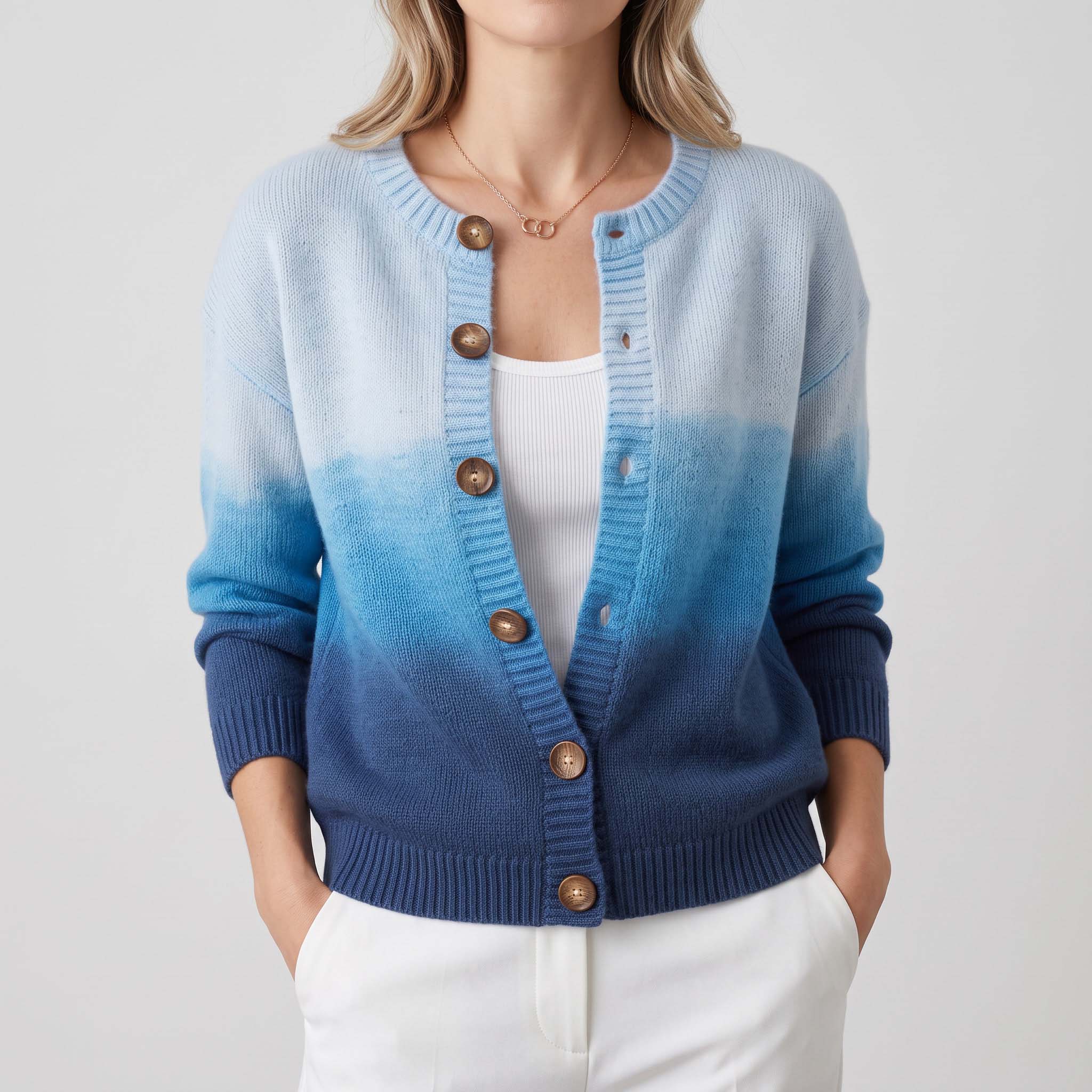 Women's Fall Winter Boho Ocean Ombre Gradient Dip Dye Soft Knit Cardigan