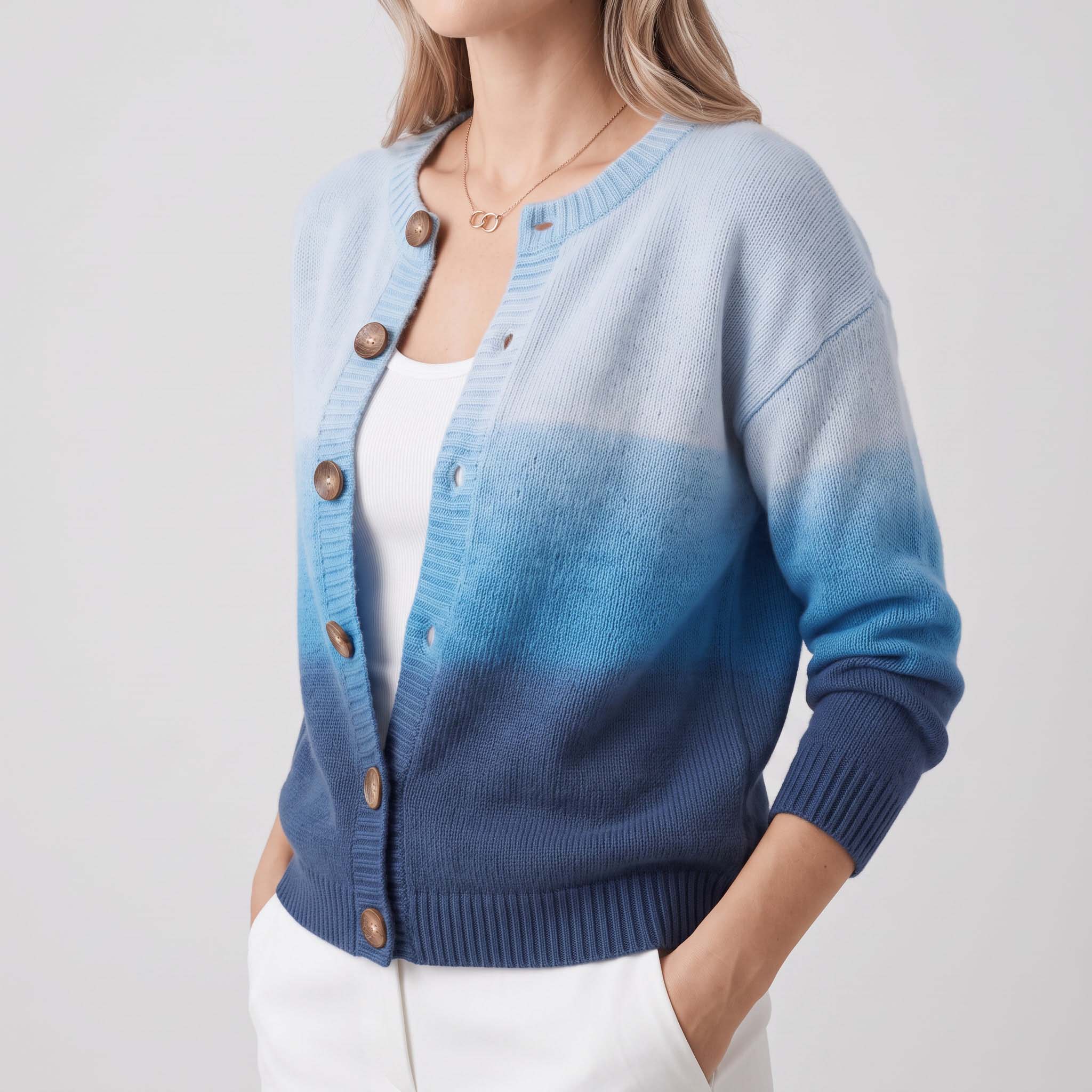 Women's Fall Winter Boho Ocean Ombre Gradient Dip Dye Soft Knit Cardigan
