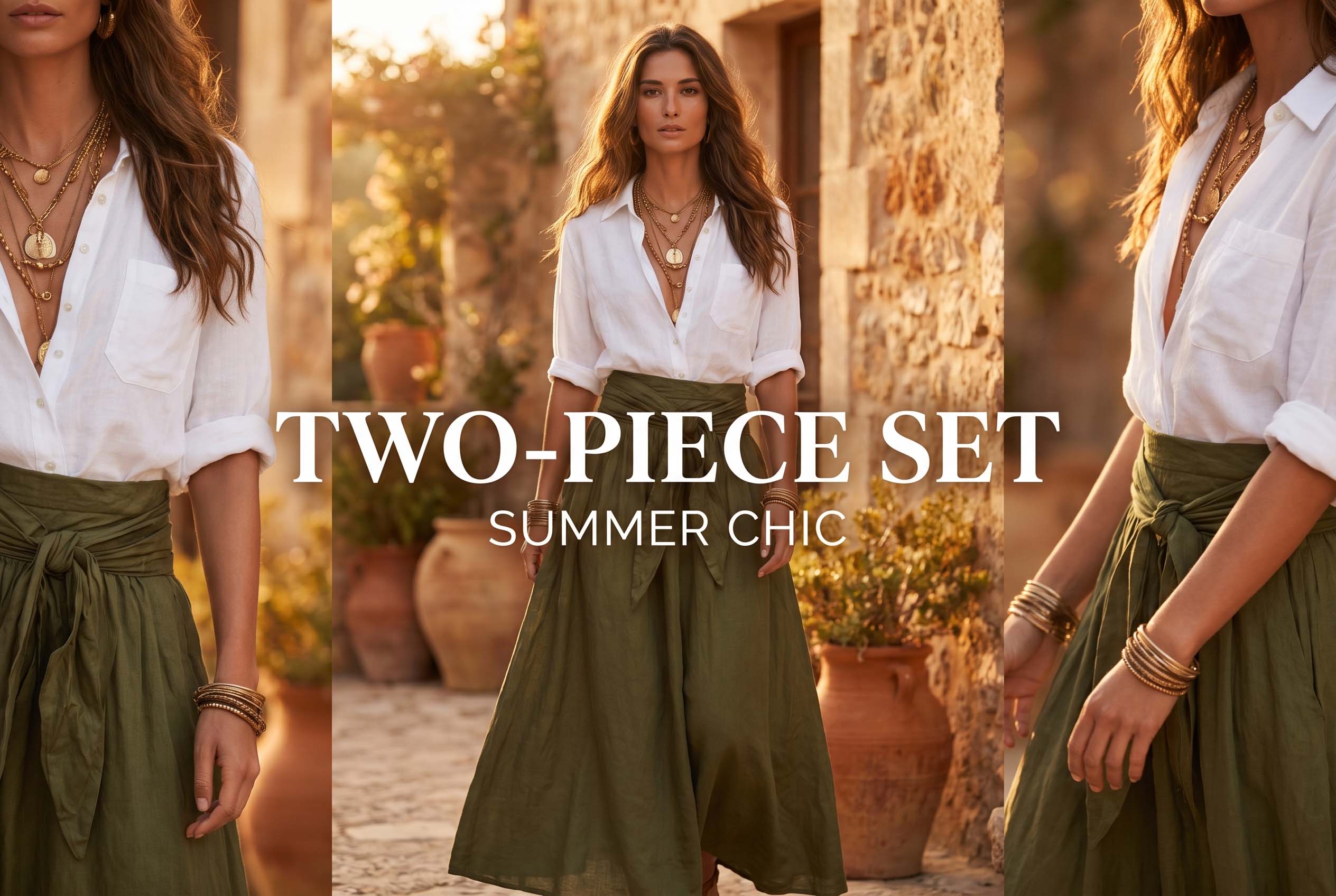White blouse and olive maxi skirt in motion