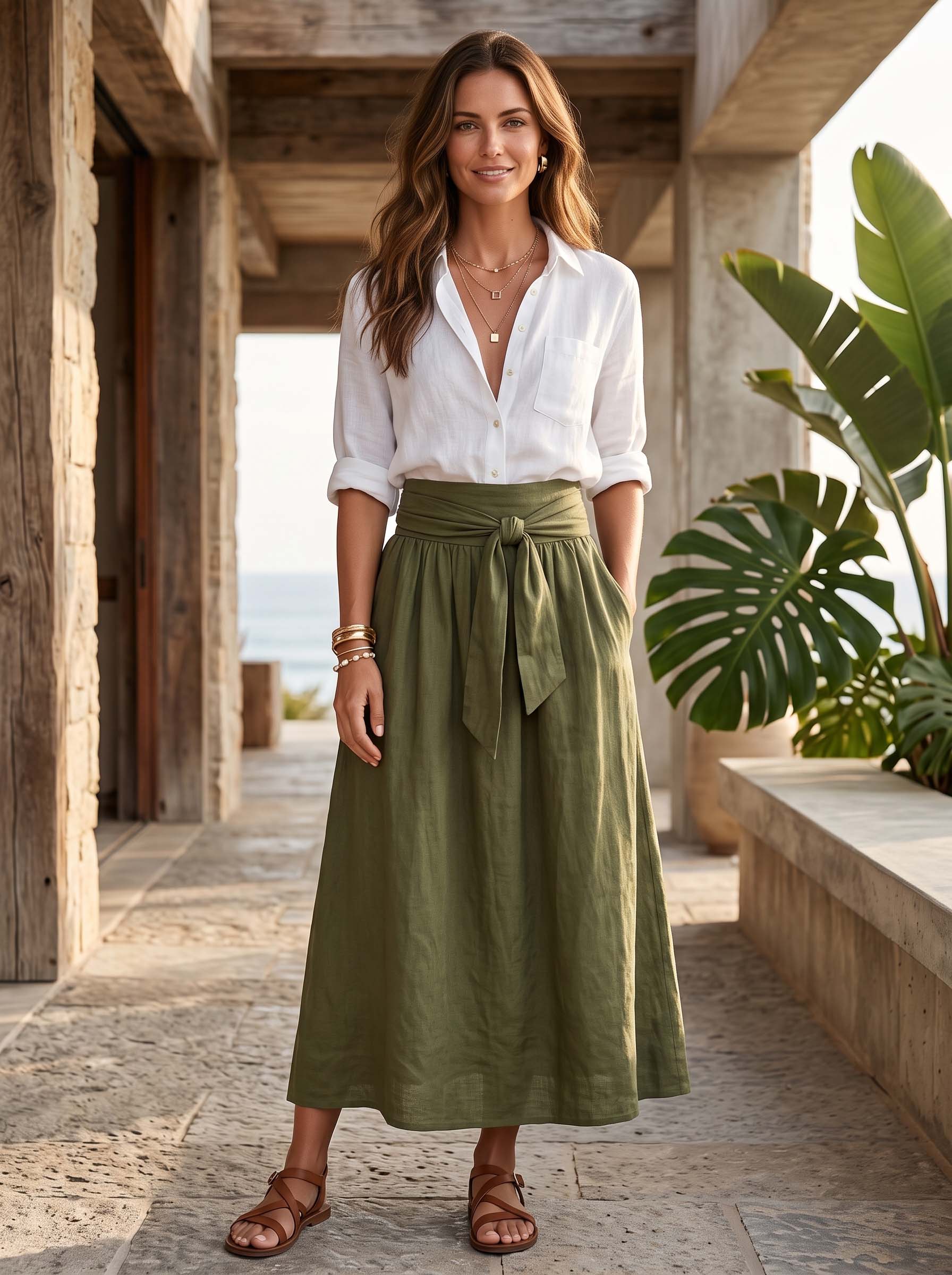 White rolled-sleeve blouse and olive tie-waist maxi skirt