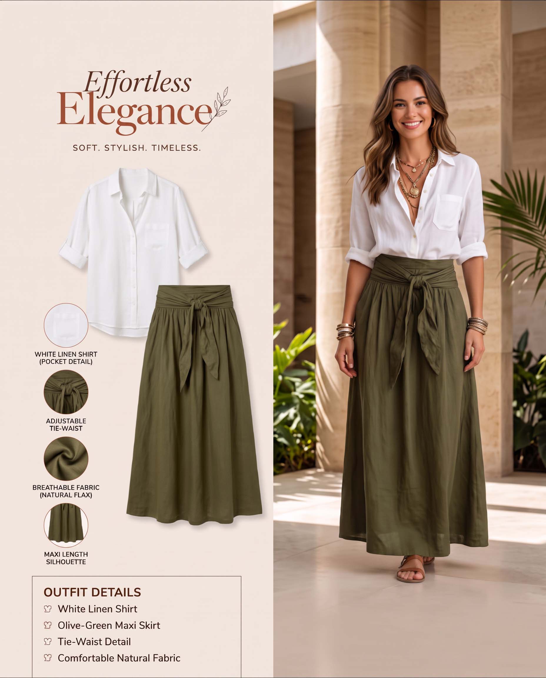 Back view of white blouse and olive maxi skirt