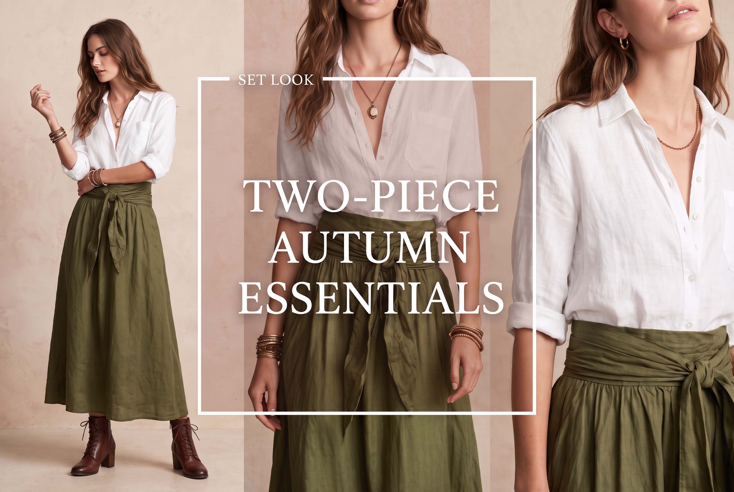 White blouse and olive tie-waist maxi skirt