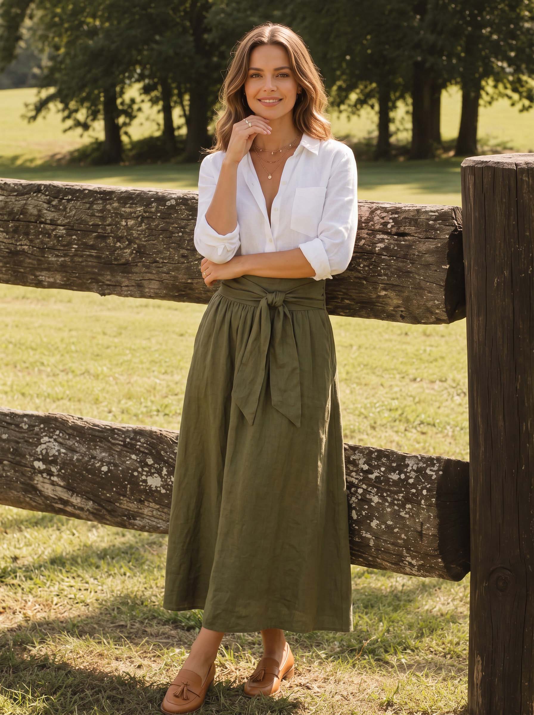 Front view of white blouse and olive tie-waist maxi skirt
