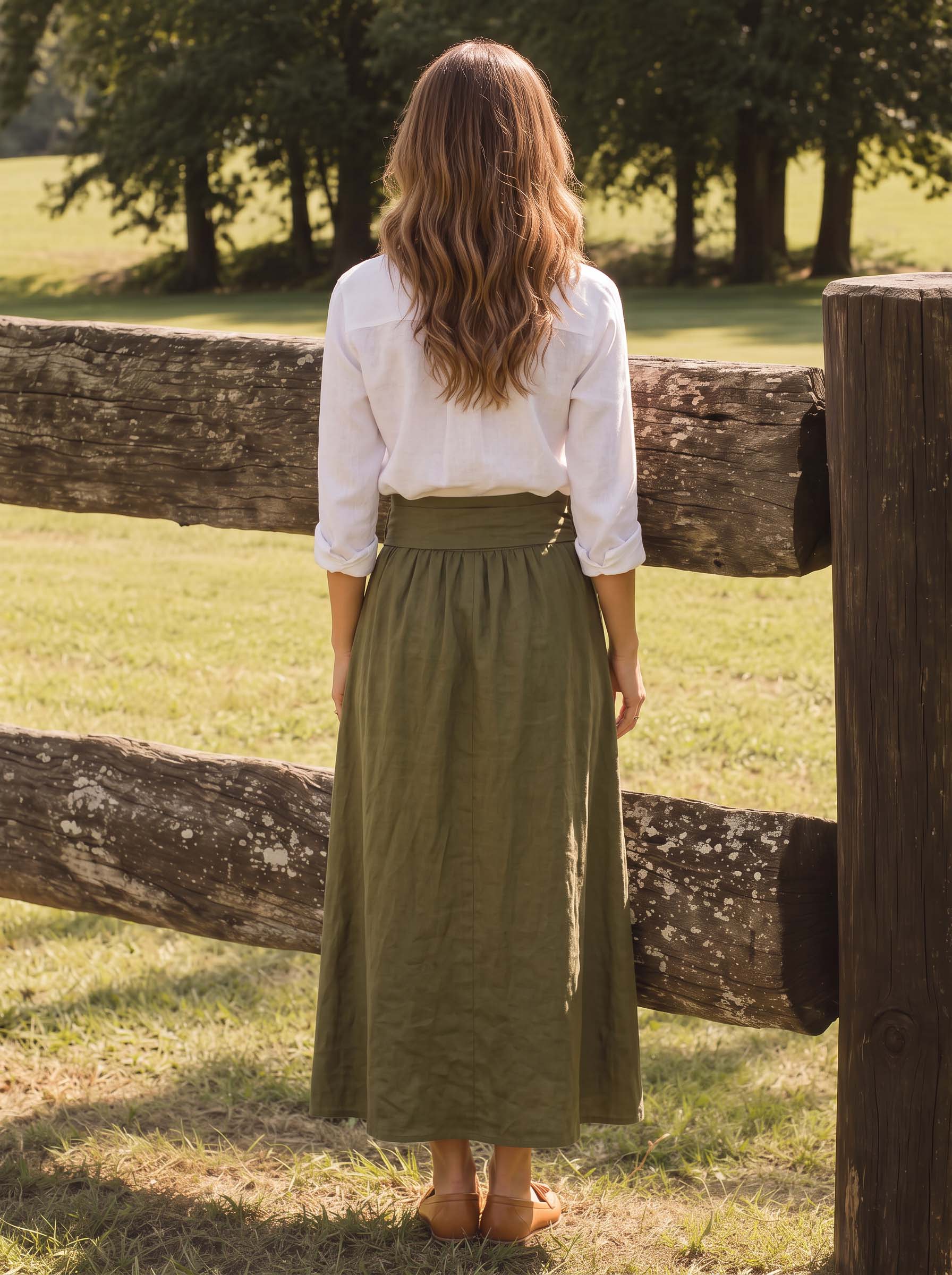 Back view of white blouse and olive tie-waist maxi skirt