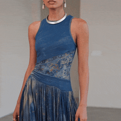 Blue sleeveless painterly maxi dress