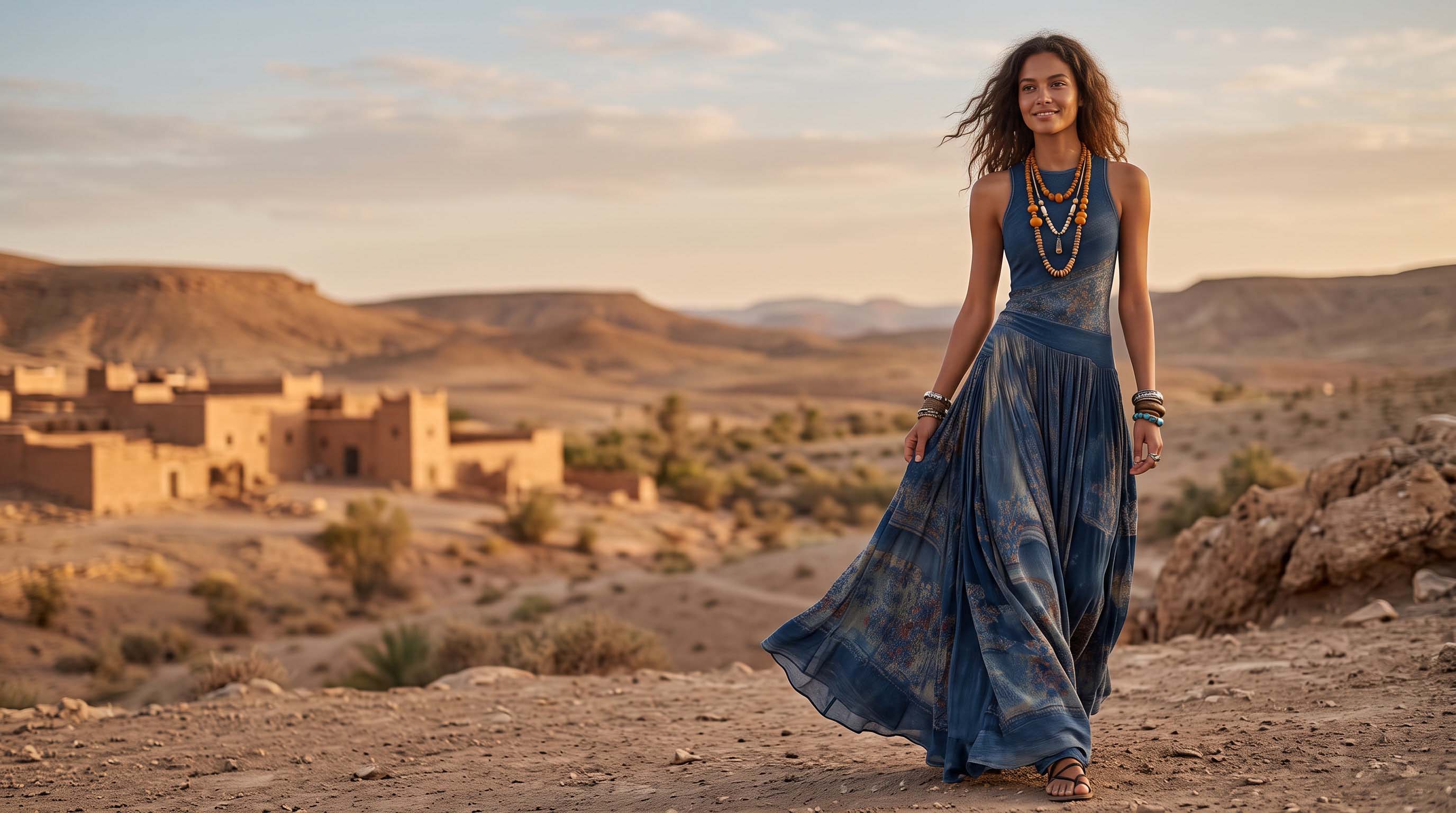 Blue painterly maxi dress flowing in motion