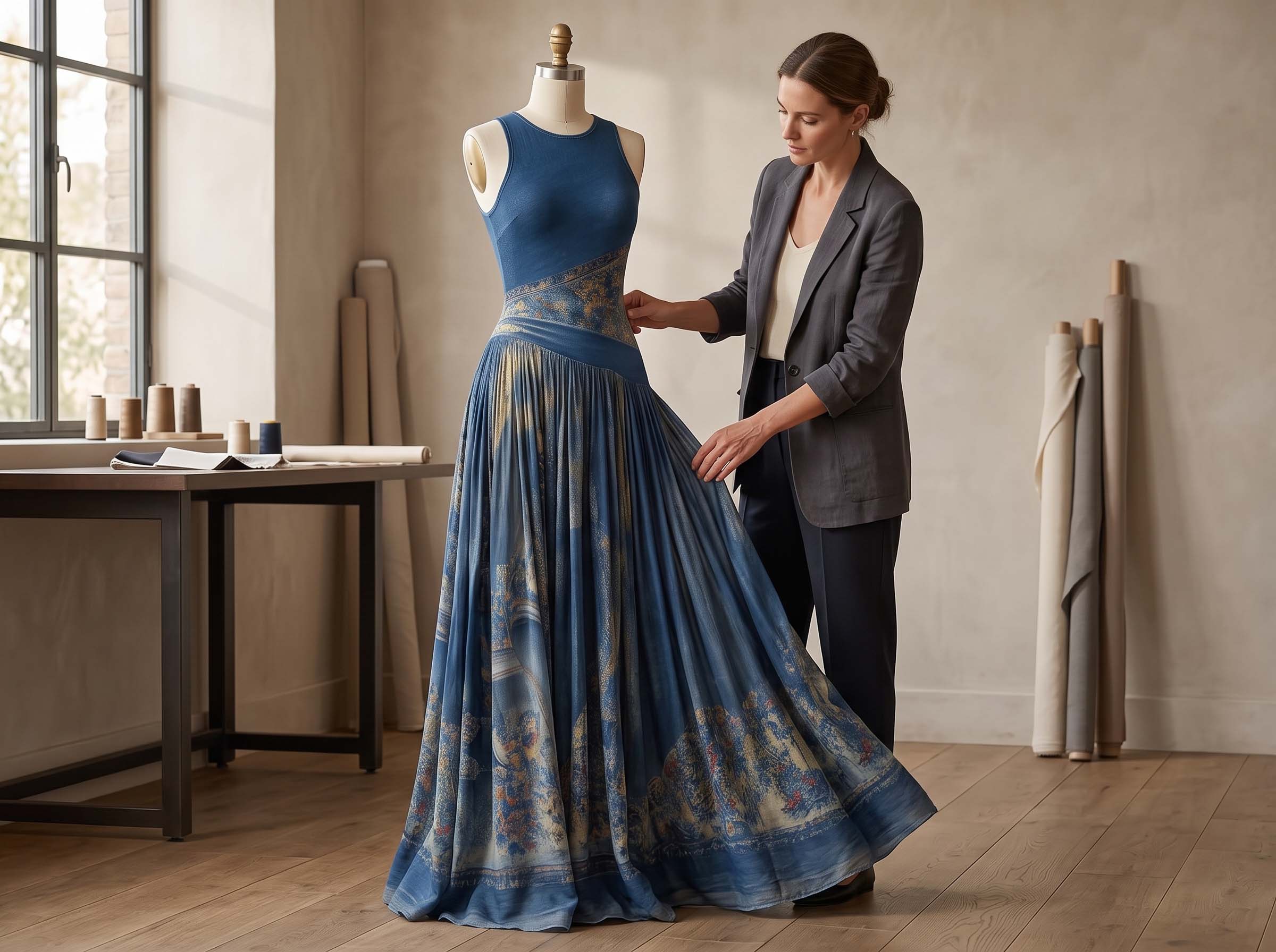 Blue maxi dress moving through an elegant outdoor setting