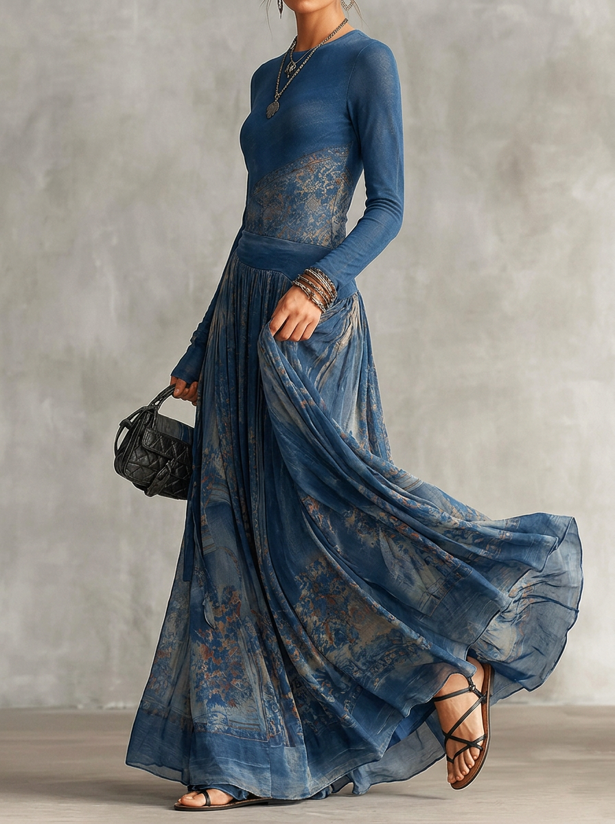 Elegant Retro Printed Long Sleeves Maxi Dress