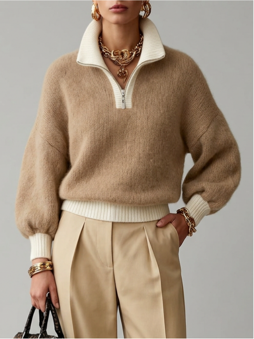 Women's Vintage Collared Zipper Sweater
