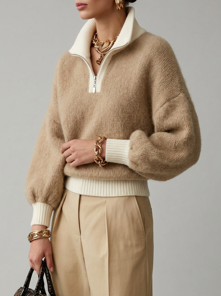 Women's Vintage Collared Zipper Sweater