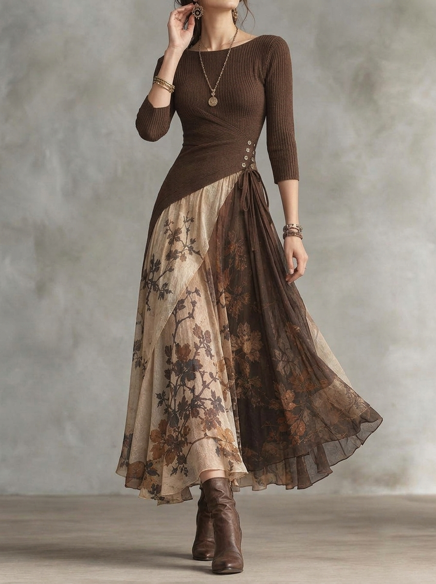 Elegant Retro Maillard Patchwork Print Dress