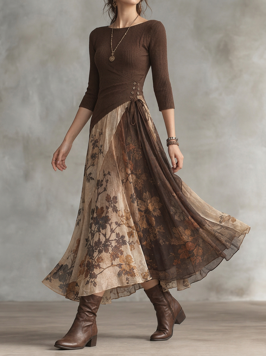 Elegant Retro Maillard Patchwork Print Dress