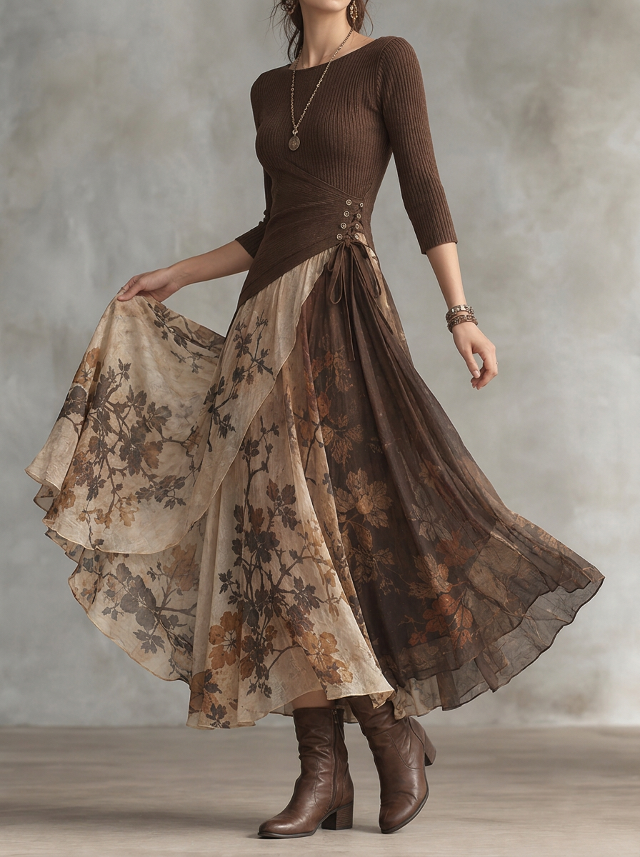 Elegant Retro Maillard Patchwork Print Dress