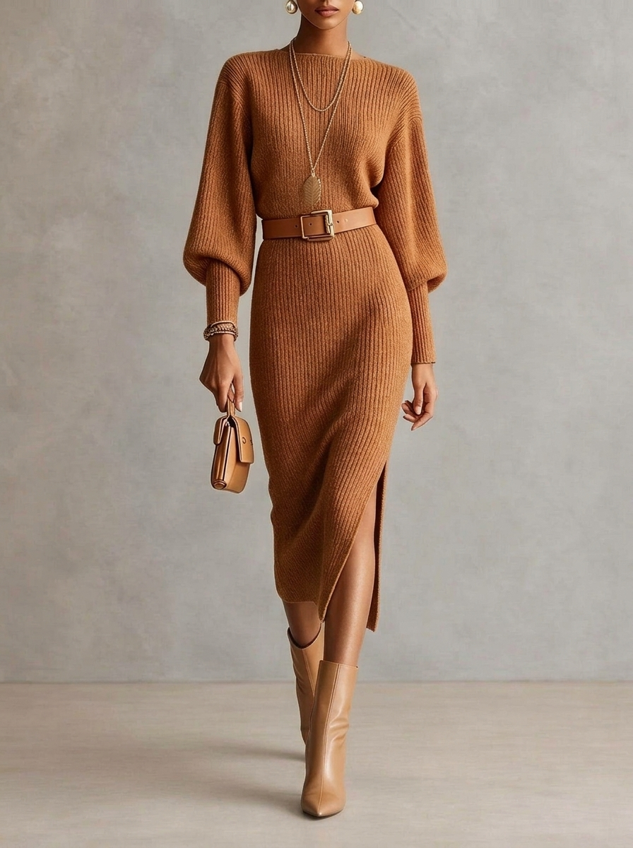 Elegant Boat-neck Long-sleeve Lantern-sleeve Knit Maxi Dress