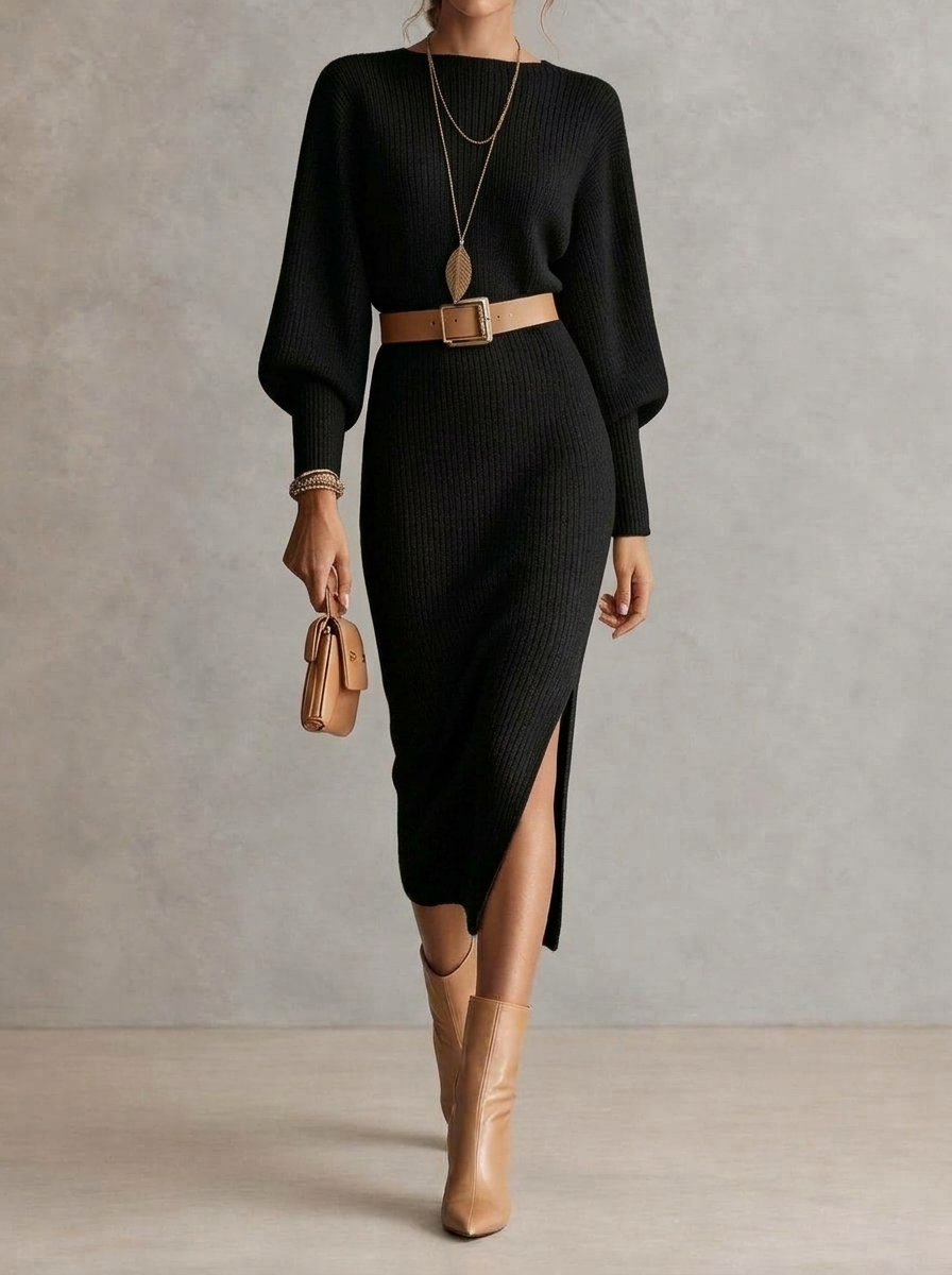 Elegant Boat-neck Long-sleeve Lantern-sleeve Knit Maxi Dress