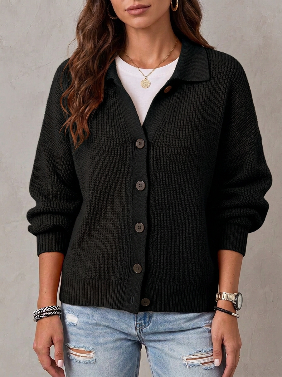 Women's Fall Winter Lazy‑chic Lapel Soft Ribbed Knit Cardigan