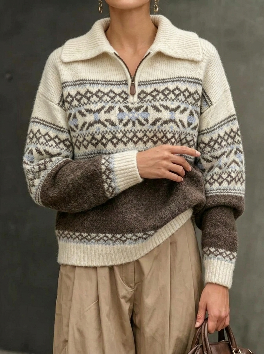 Fair Isle Collar Vintage Zipper Long-sleeve Jacquard Sweater
