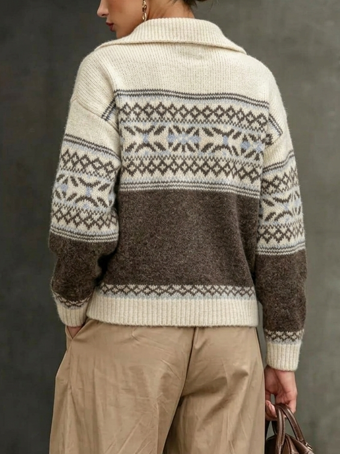 Fair Isle Collar Vintage Zipper Long-sleeve Jacquard Sweater