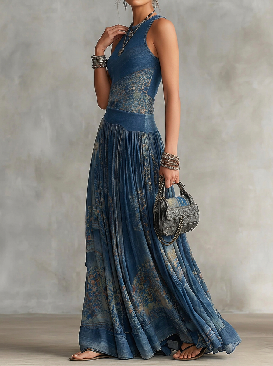 Elegant Retro Printed Sleeveless Tank Top Dress