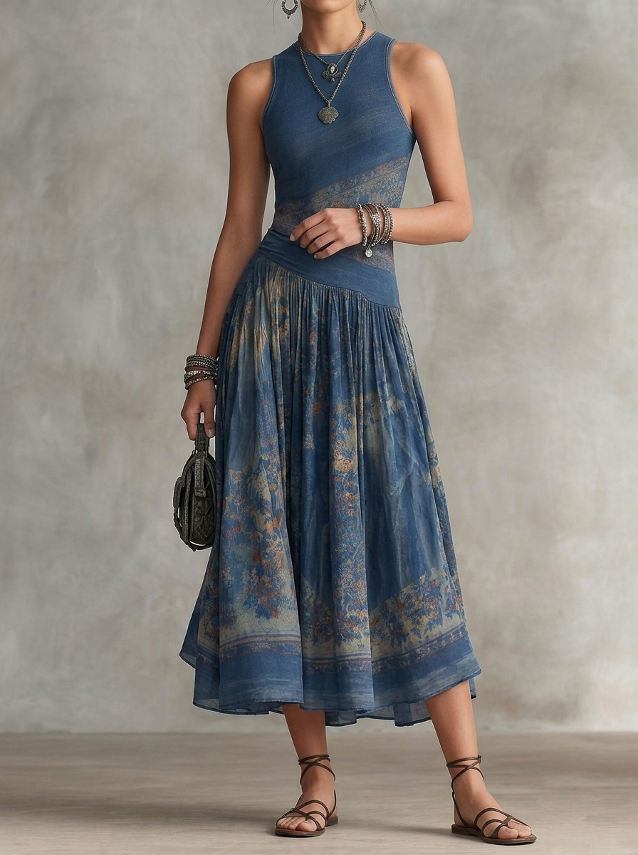 Elegant Retro Printed Sleeveless Tank Top Midi Dress