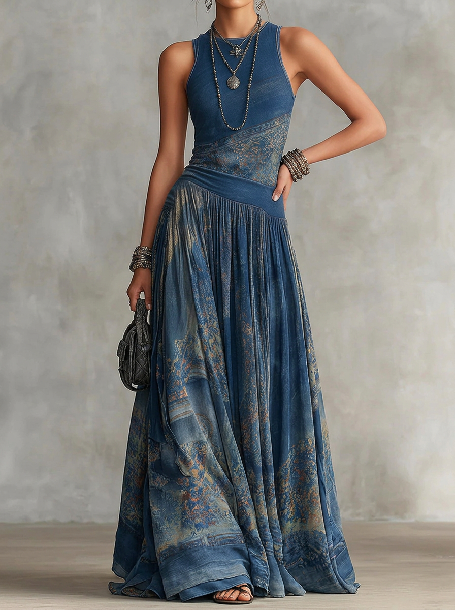 Elegant Retro Printed Sleeveless Tank Top Dress