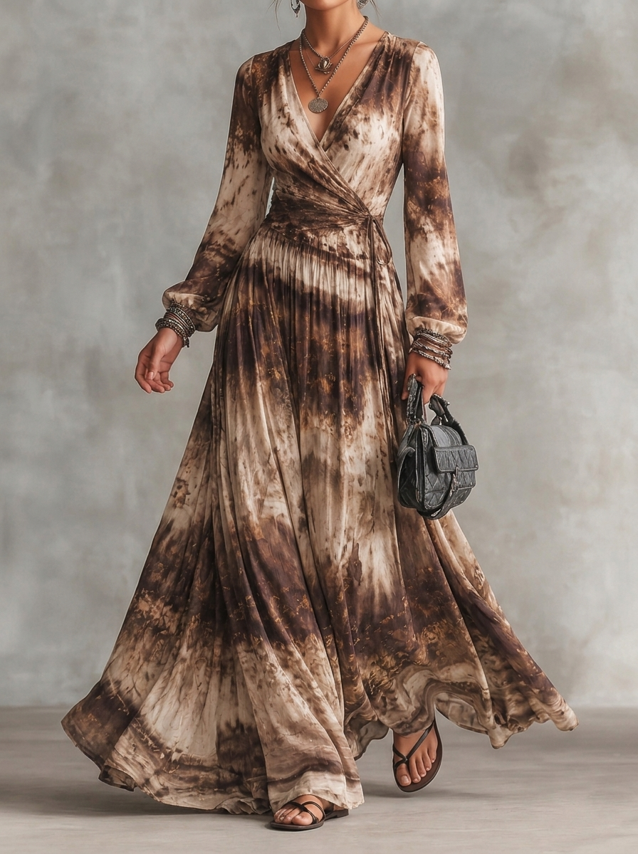 Retro Maillard Patchwork Print V-neck Long Sleeves Dress