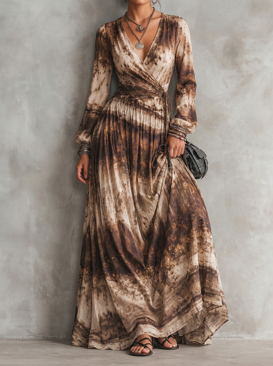 Retro Maillard Patchwork Print V-neck Long Sleeves Dress