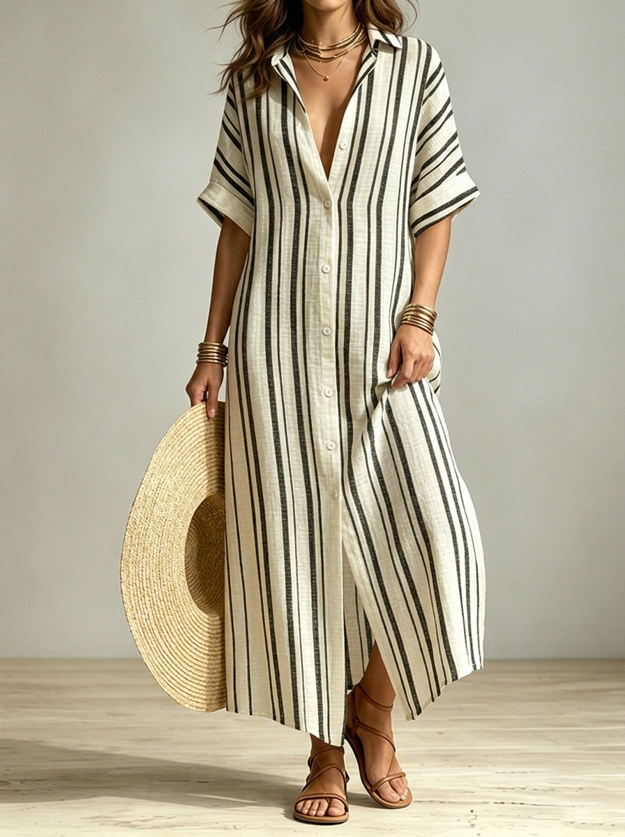 Vacation V-neck Striped Design Solid Color Loose Fit Maxi Dress