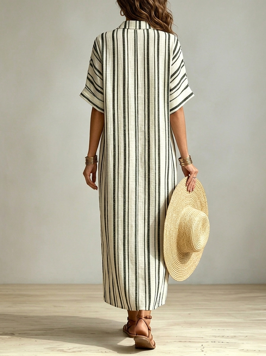 Vacation V-neck Striped Design Solid Color Loose Fit Maxi Dress