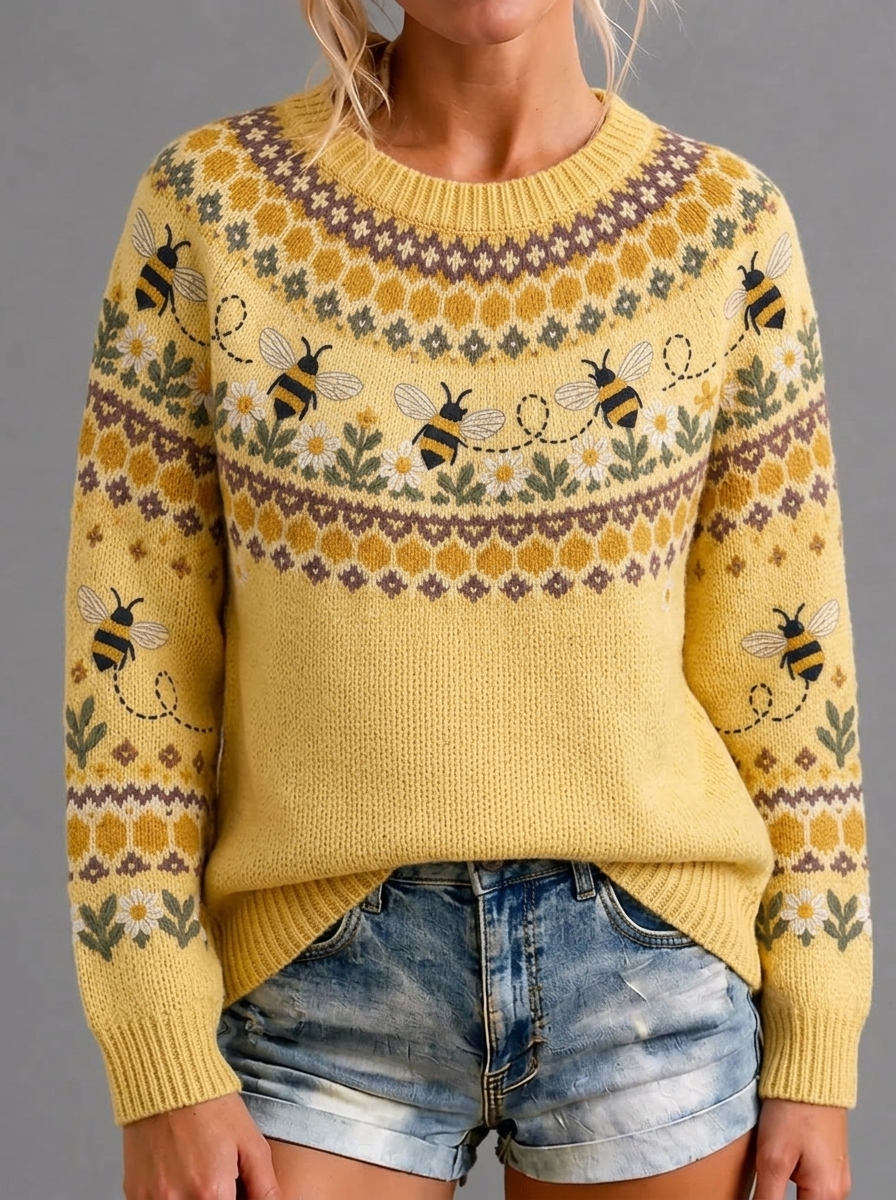 Women's Retro Cute Bee Ethnic Pattern Cozy Fair Isle Style Knit Sweater