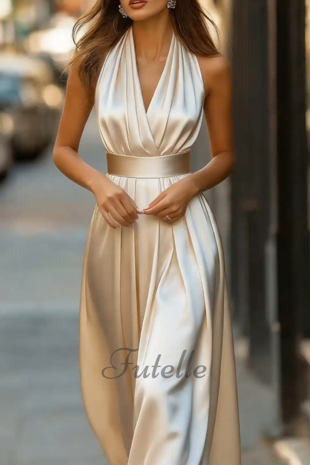 Classy V Neck Pleated Satin Maxi Dress