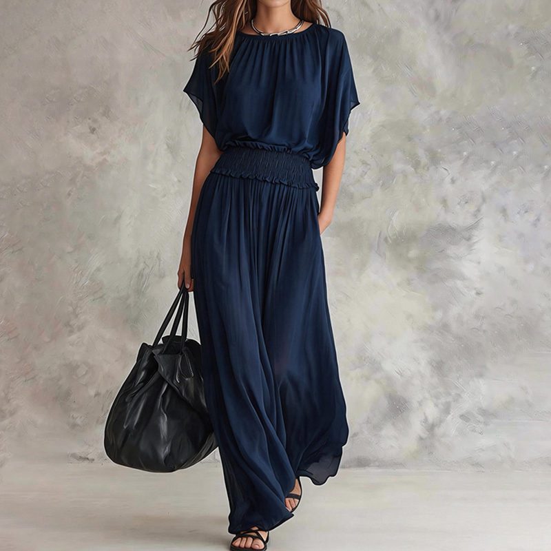Elegant Solid Color Round Neck Short Sleeve Flowy Maxi Dress