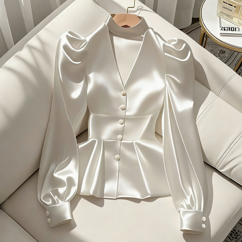 Elegant White Satin Fitted Waist Blouse