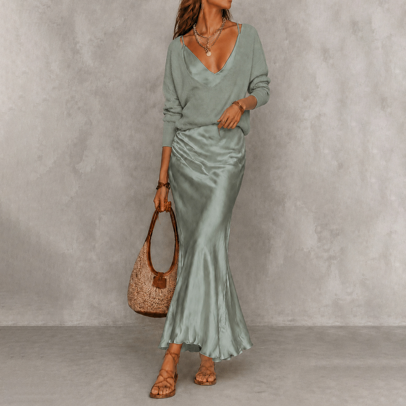 V-Neck Knit Sweater Satin Maxi Skirt Two-piece Set