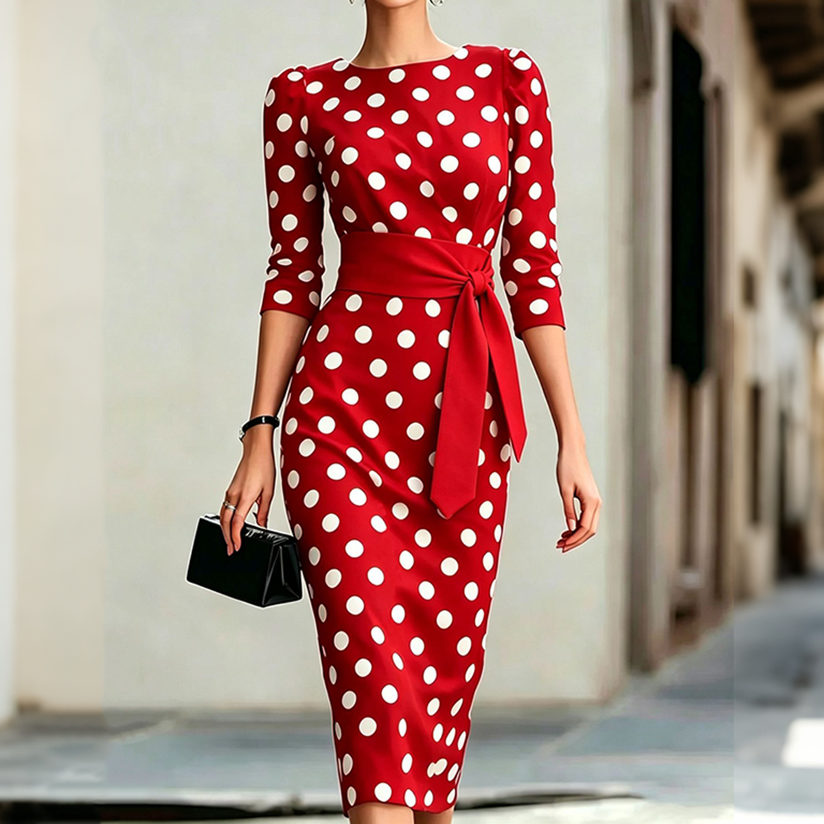 Retro Polka Dot Lace Up Waist Slim Fit Midi Dress